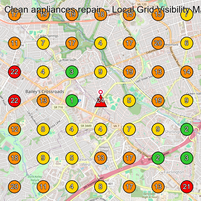 Clean appliances repair Appliance Repair Service GeoGrid ranking map for Falls Church VA
